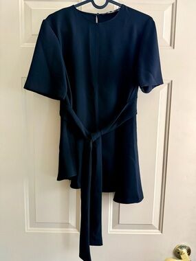 Zara Black Short-Sleeve Dress with Waist Tie